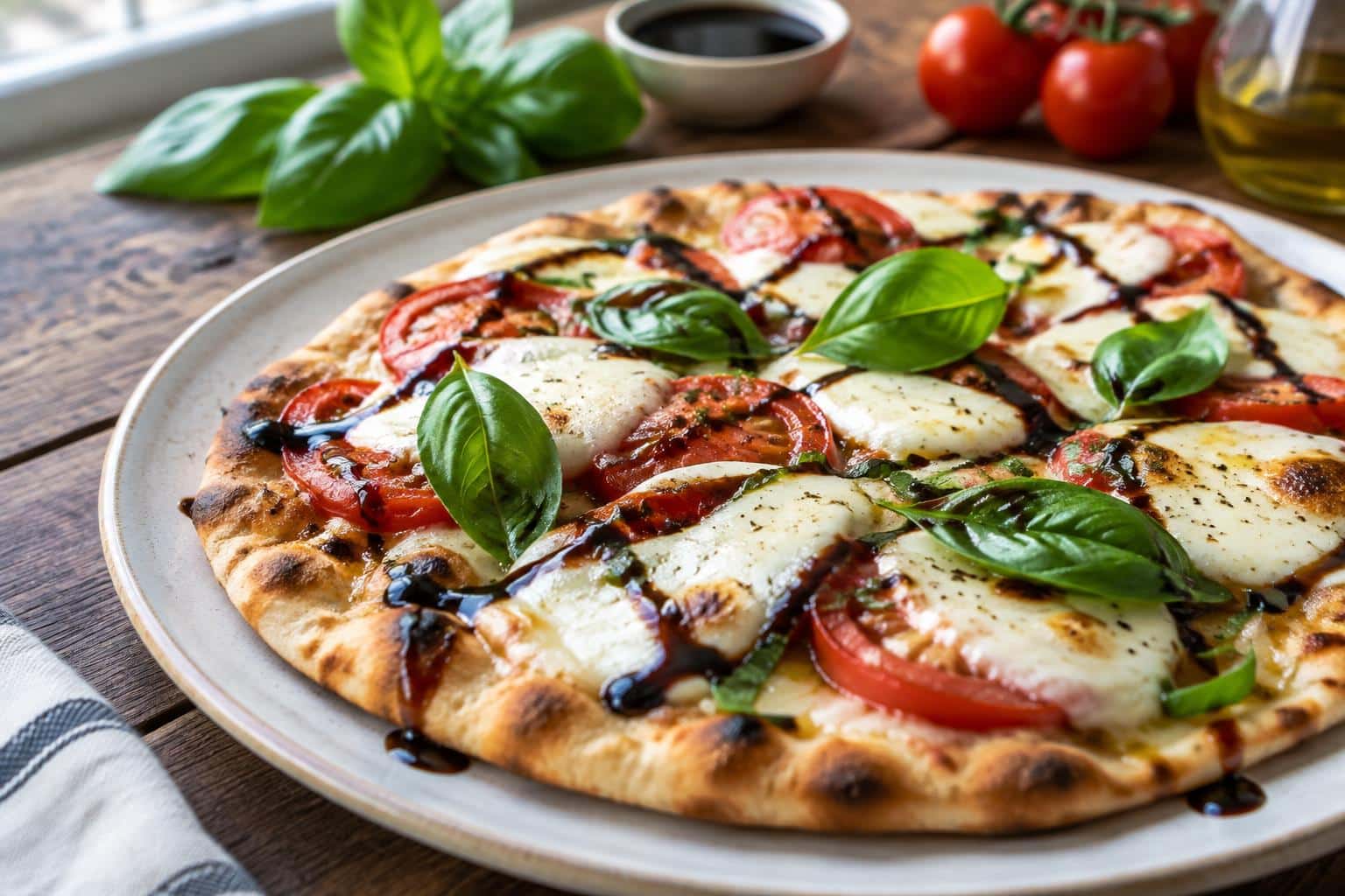 Quick caprese naan pizza topped with fresh mozzarella, basil, and balsamic glaze