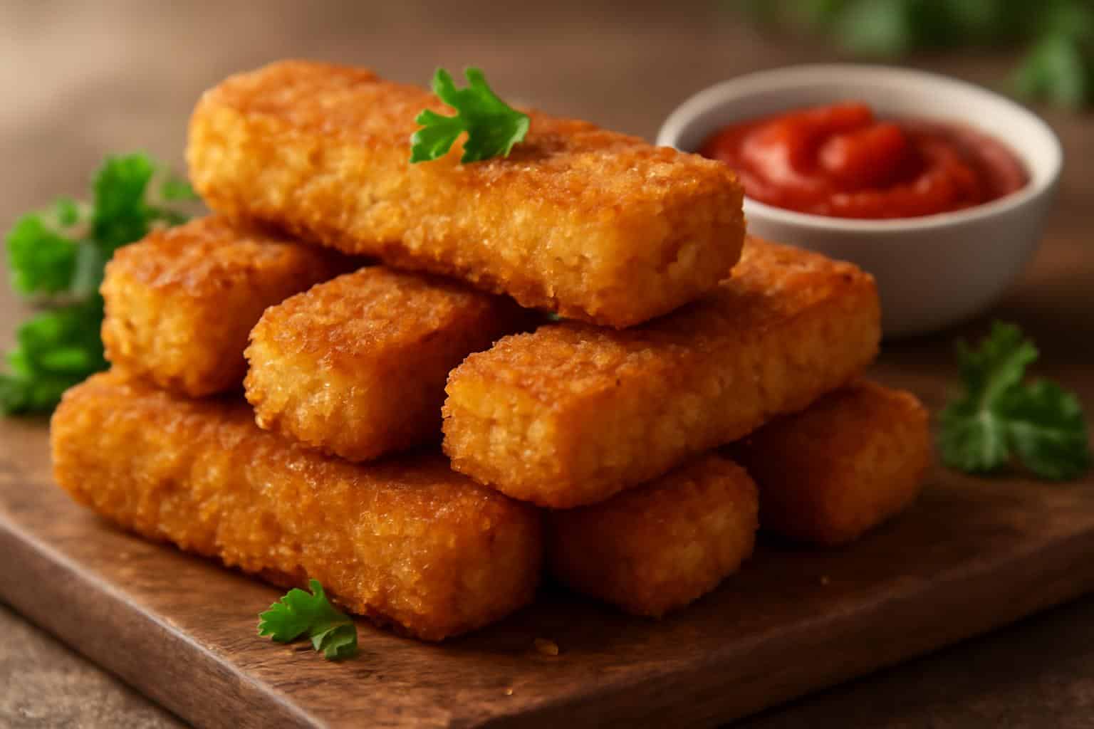Golden crispy quick cheesy cottage cheese sticks with marinara sauce and parsley garnish