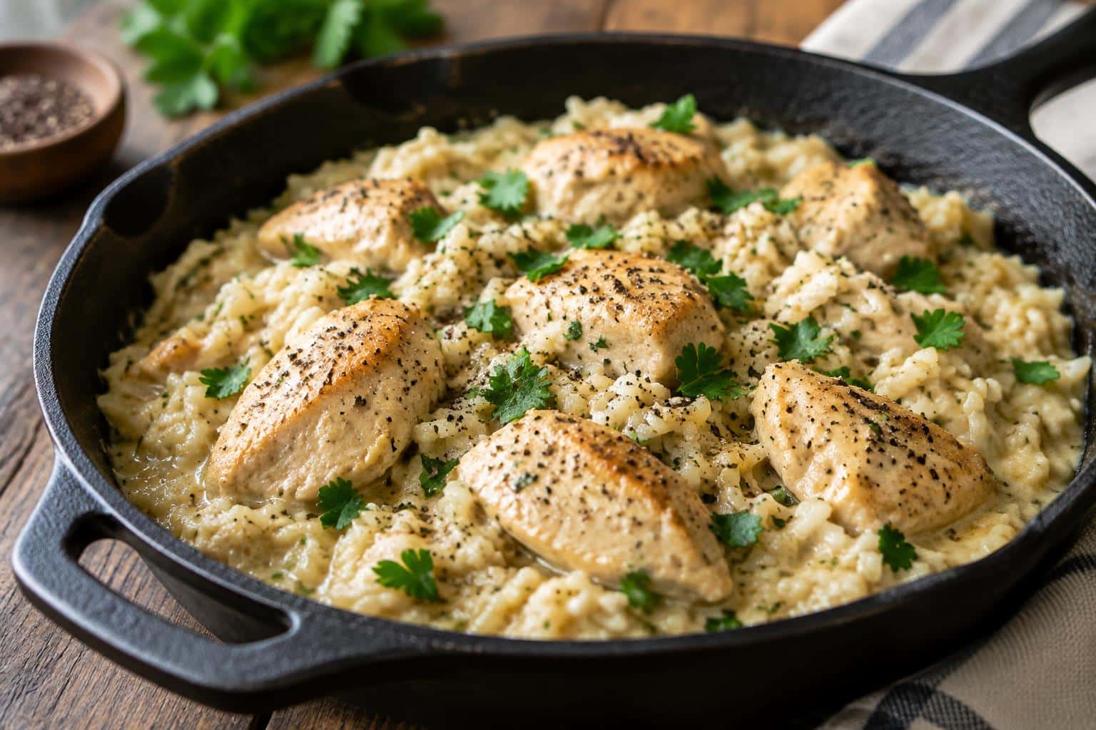 Creamy chicken and rice skillet garnished with parsley in a cast iron pan, focus on creamy chicken and rice