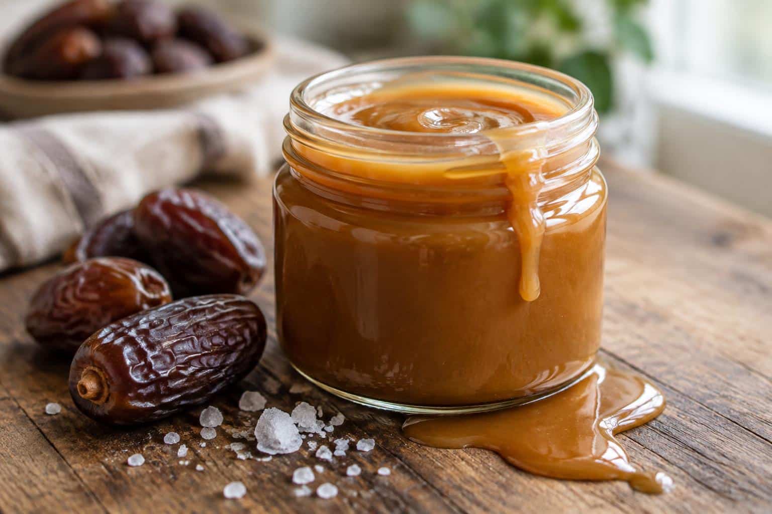 Jar of quick and creamy date caramel sauce with a smooth texture and rich golden color