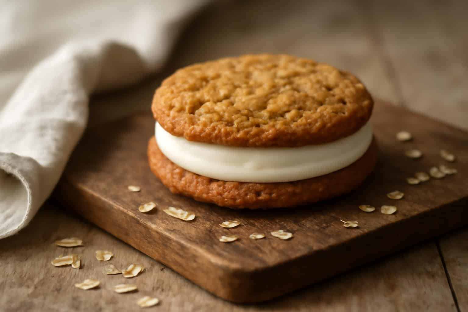 Soft oatmeal cream pie with creamy filling on rustic wooden board, showcasing oatmeal cream pie texture