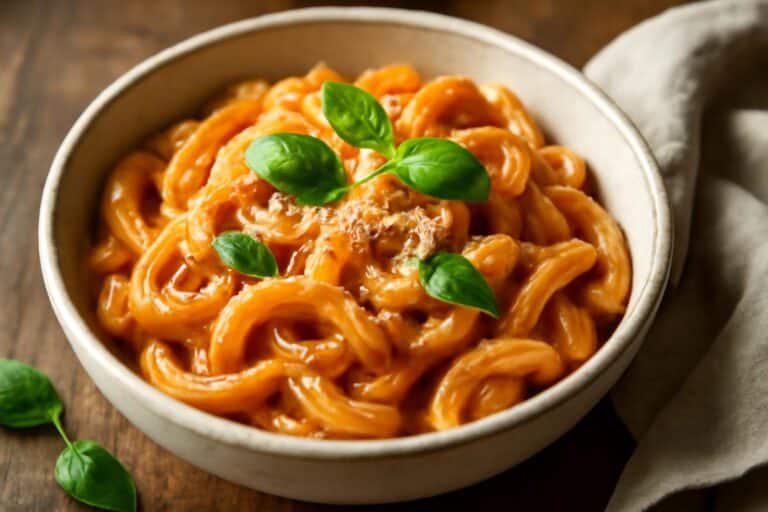 Creamy tomato garlic pasta in a bowl garnished with basil and Parmesan cheese