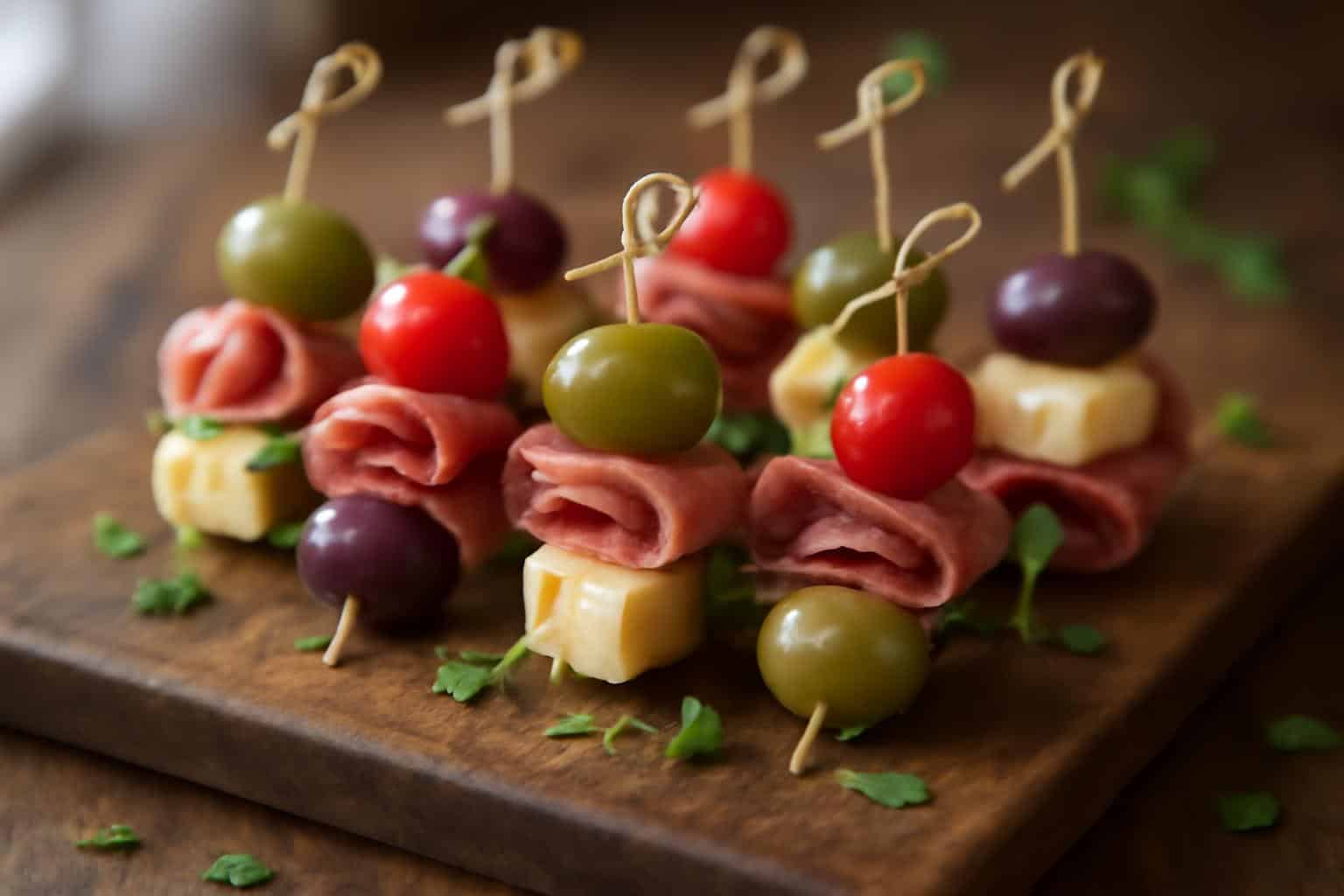 Mini charcuterie skewers with olives, cheese, salami, and cherry tomatoes on wooden board