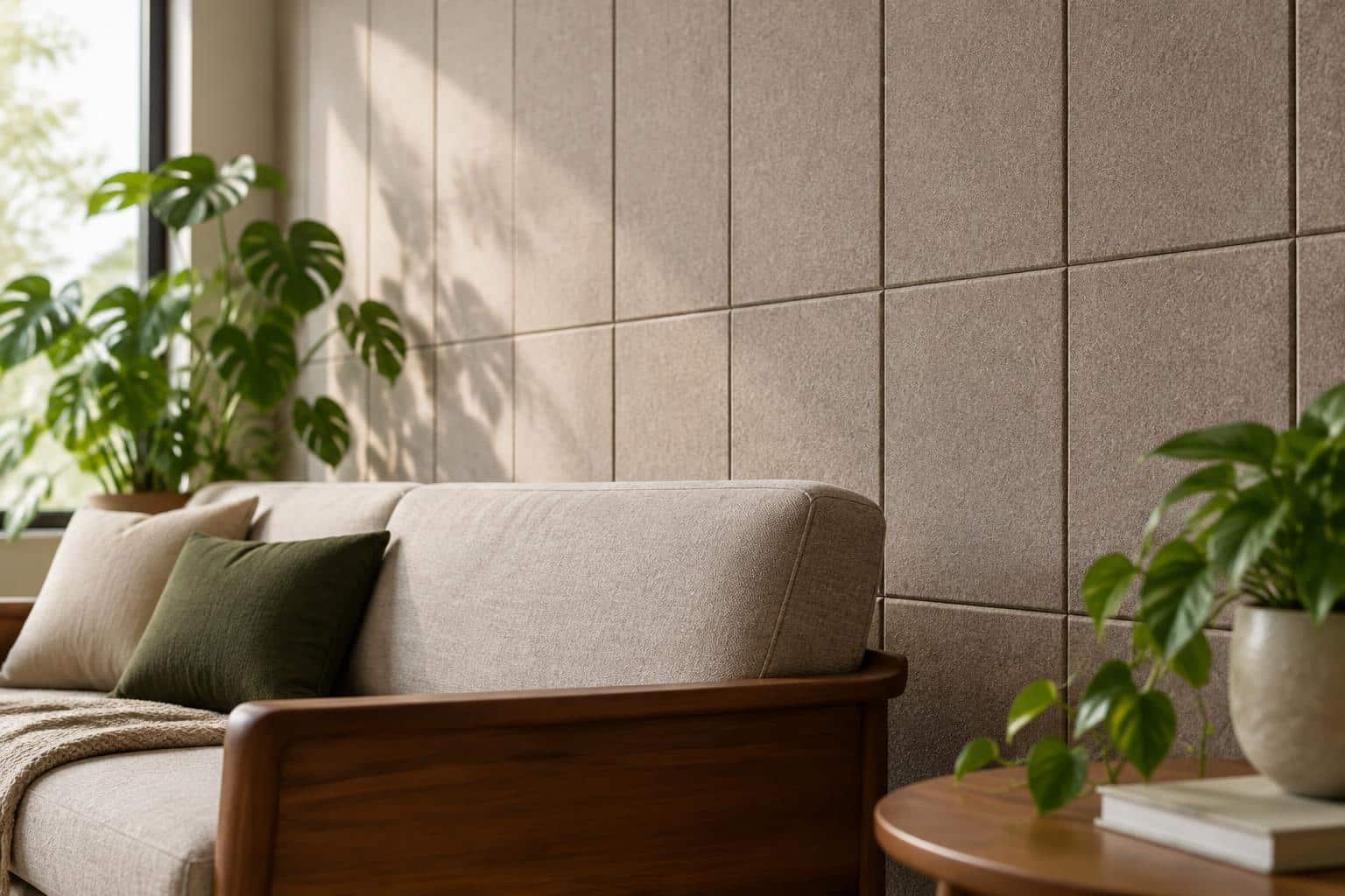 acoustic peel and stick wall tiles installed on living room wall for soundproofing