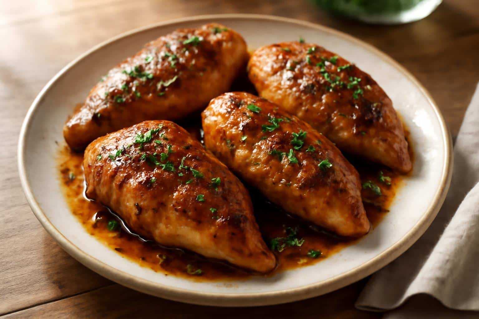 brown sugar garlic chicken breasts plated with fresh parsley garnish and caramelized glaze