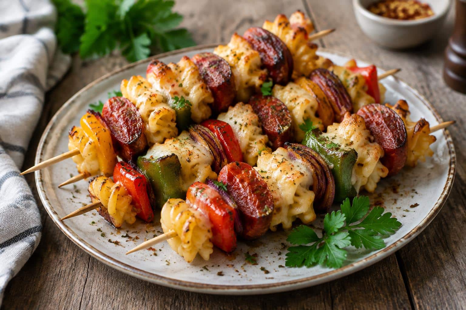 Cheesy pasta skewers with sucuk and crispy vegetables on wooden skewers, appetizing and colorful appetizer