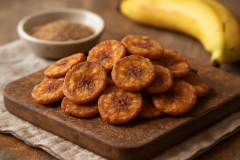 crispy cinnamon sugar banana chips fresh from the air fryer on wooden board