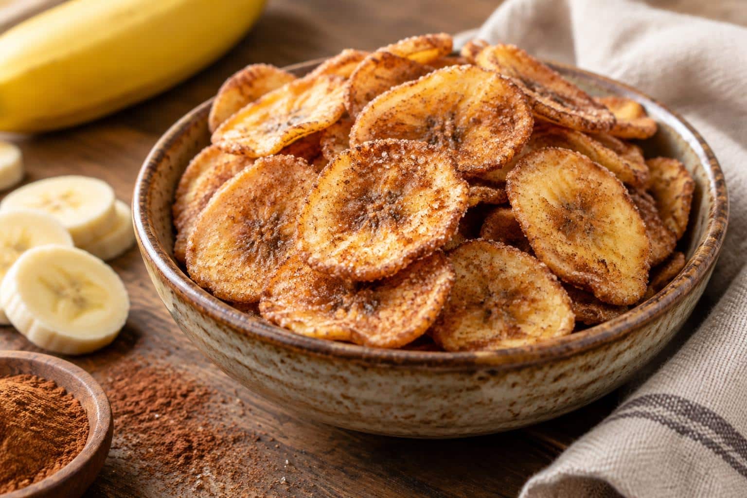 Crispy cinnamon sugar banana chips served in a bowl, golden and sweet air fryer snack