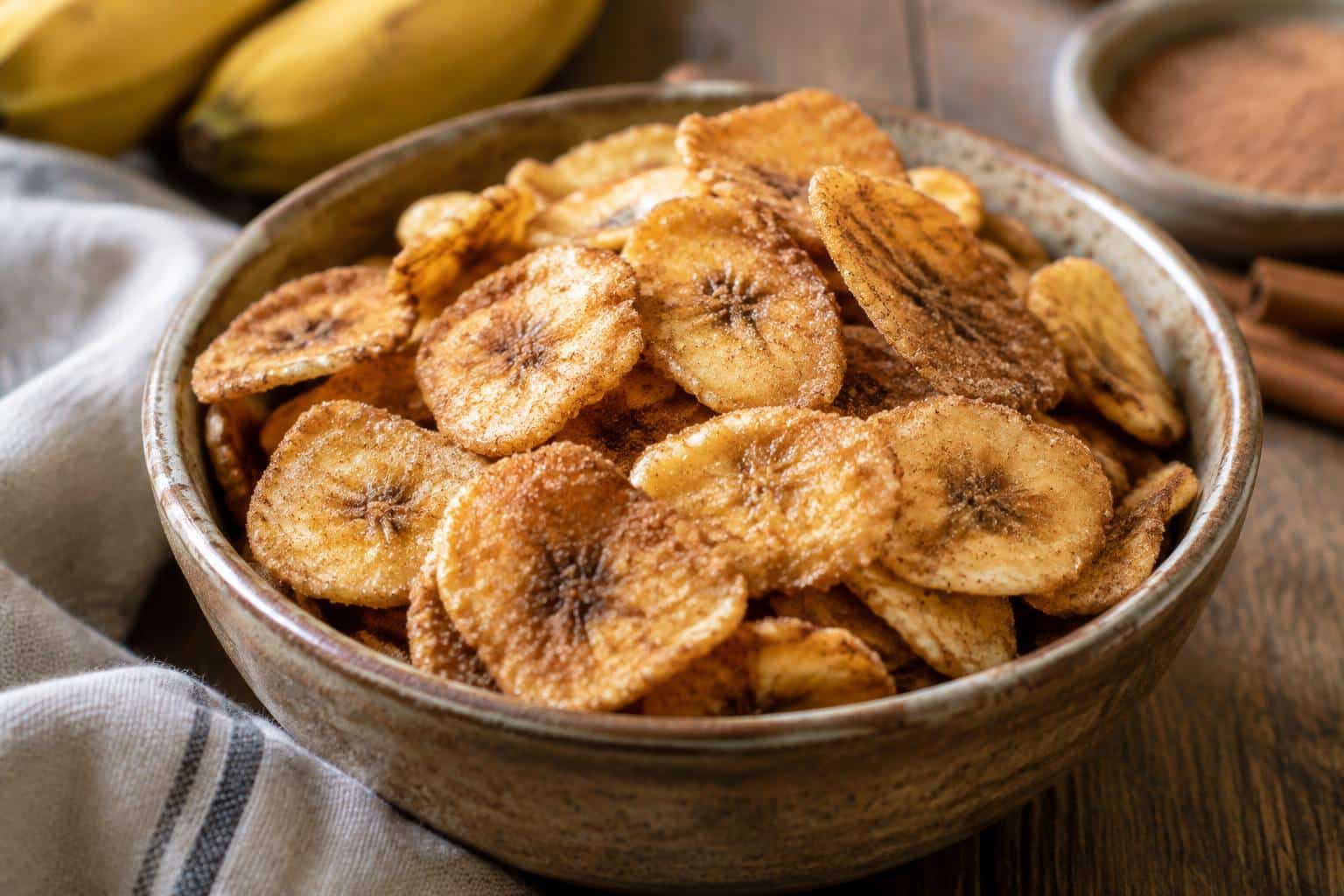 crispy cinnamon-sugar air fryer banana chips in a rustic bowl with cinnamon sugar dusting