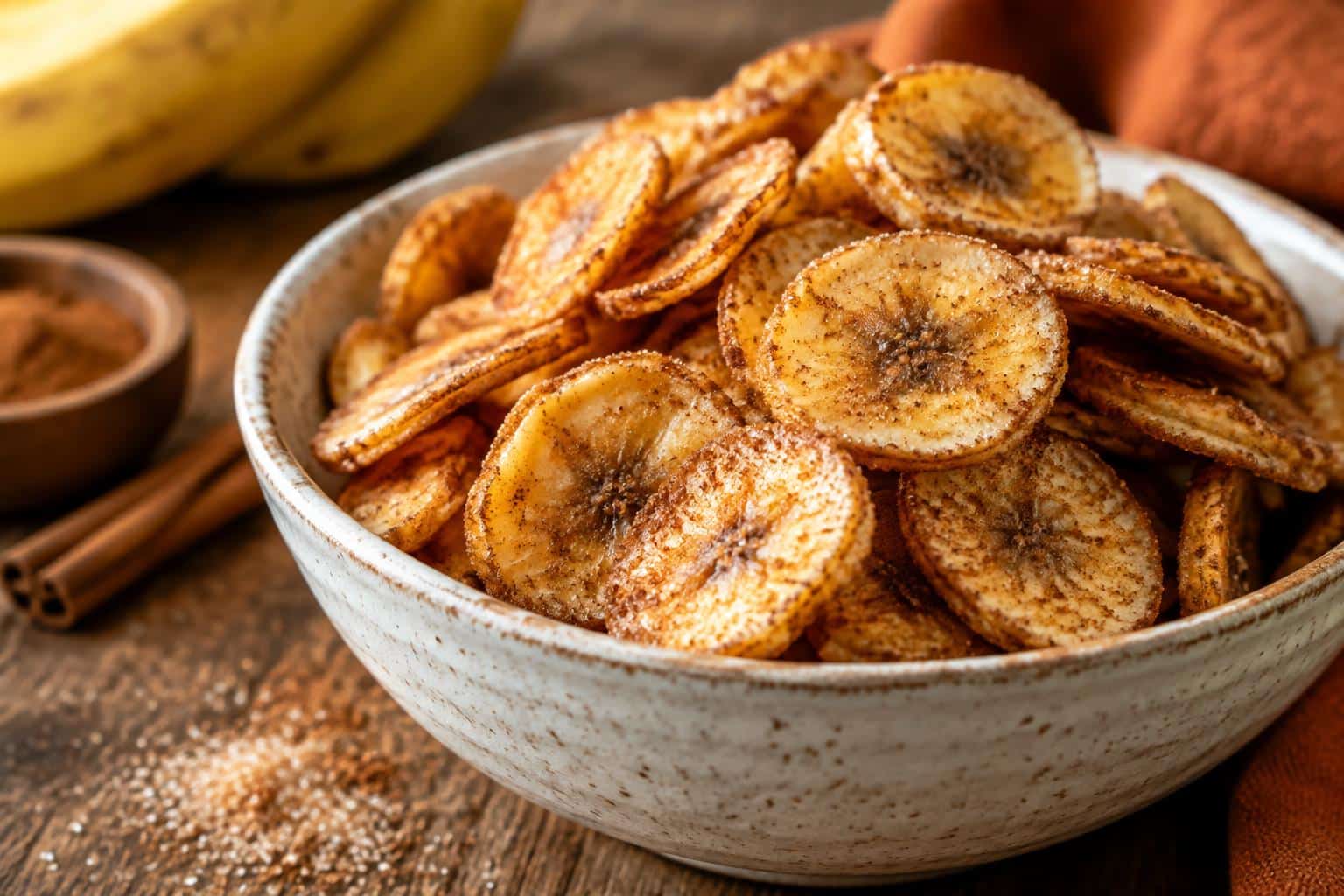 Crispy cinnamon sugar banana chips fresh from air fryer in rustic bowl