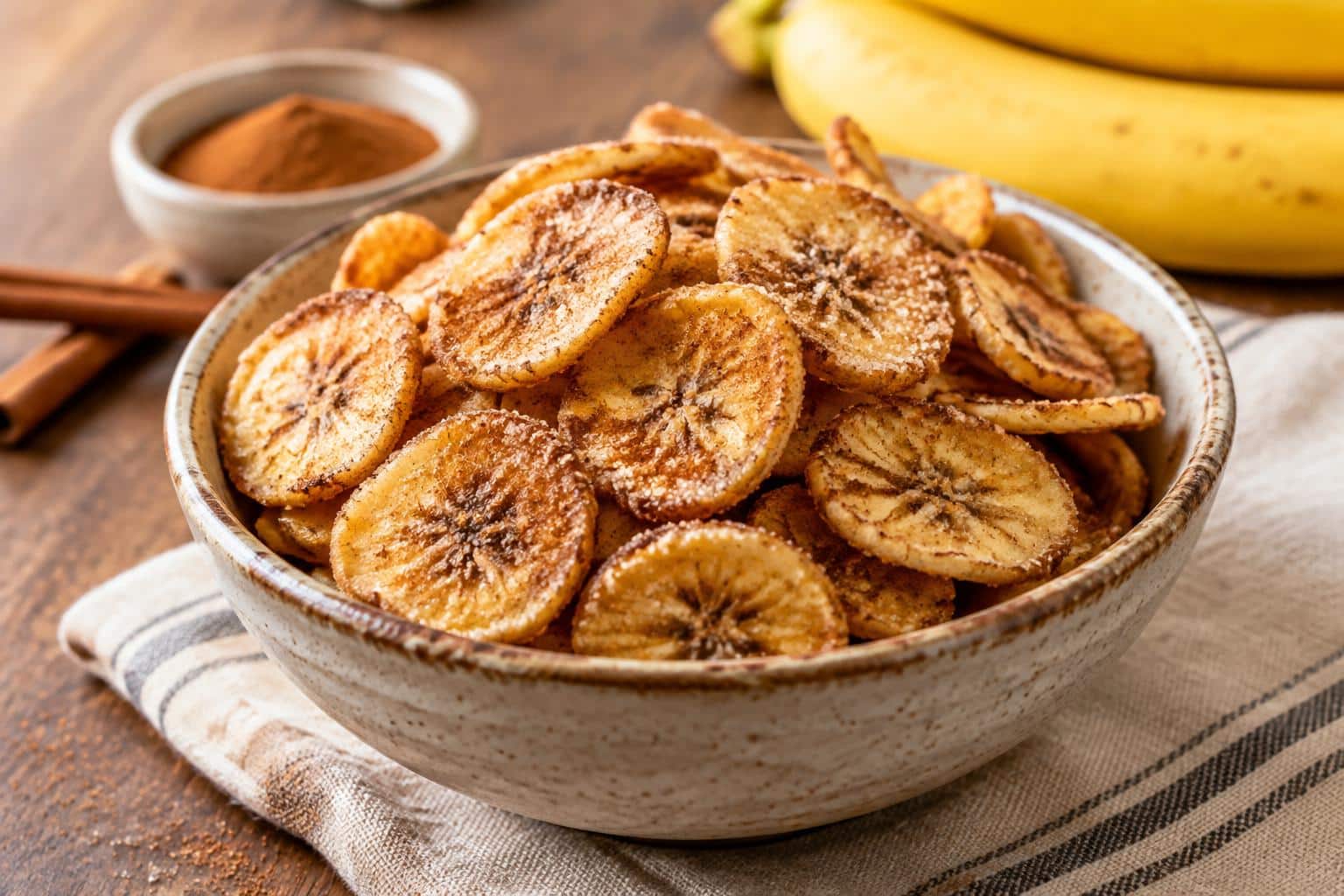 crispy cinnamon sugar air fryer banana chips in rustic bowl with cinnamon sprinkled