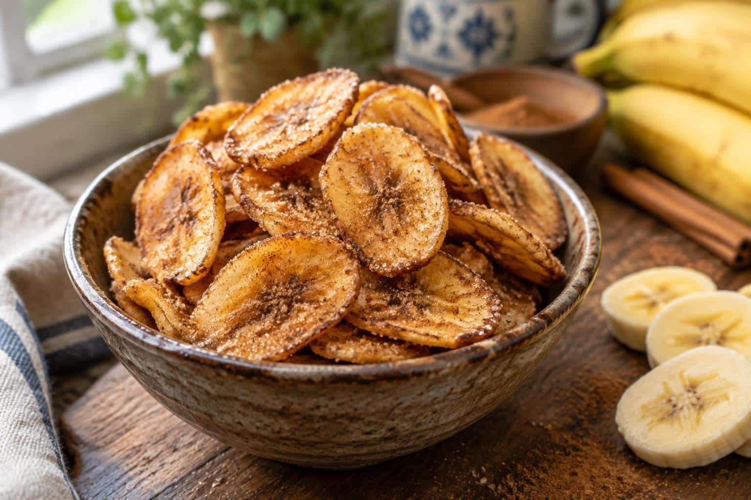 Crispy cinnamon sugar banana chips fresh from the air fryer on rustic wooden bowl