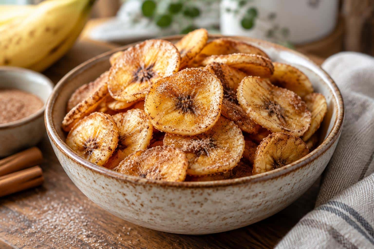 Crispy cinnamon-sugar air fryer banana chips in a bowl with cinnamon sugar dust