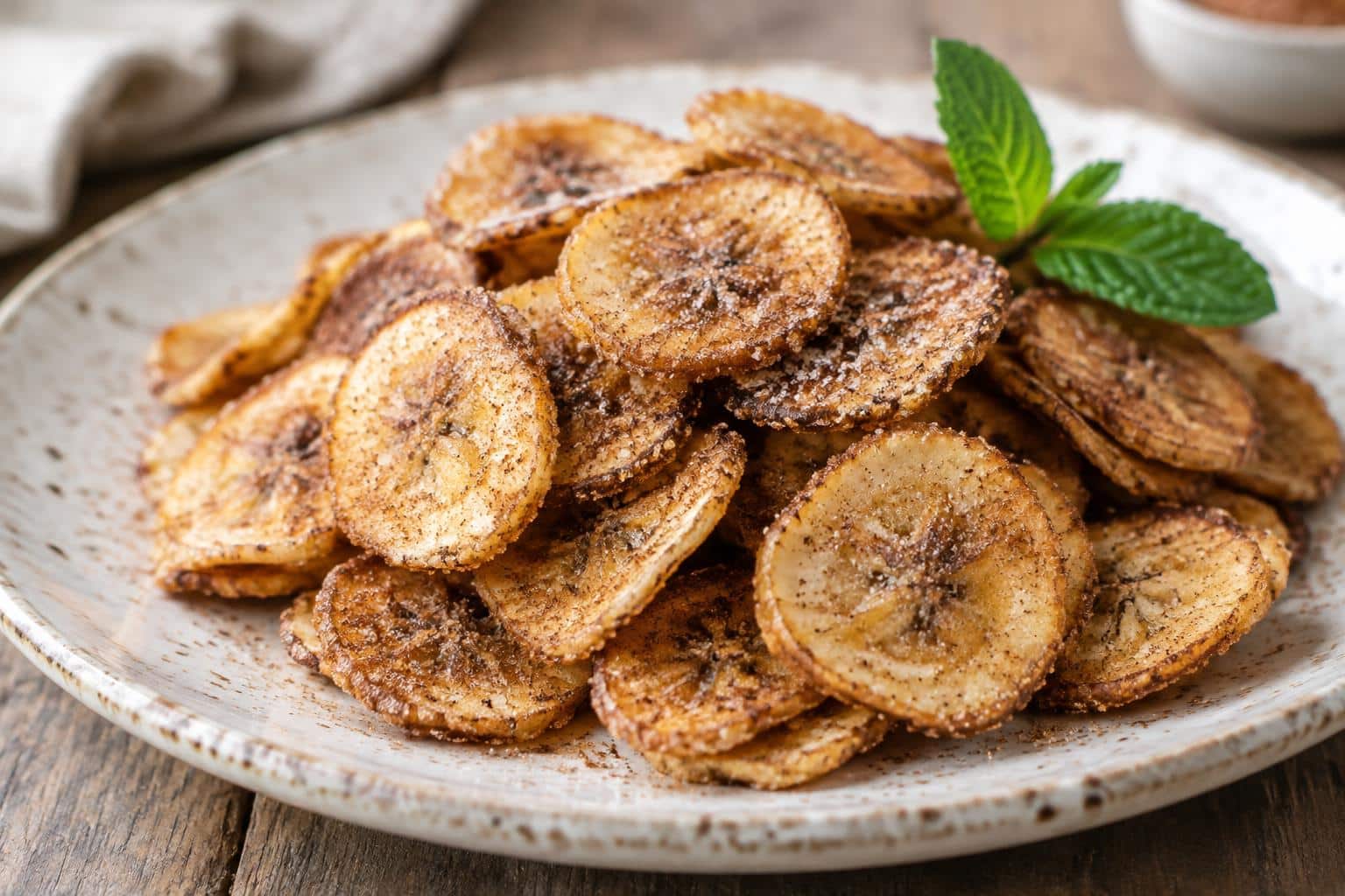 crispy cinnamon sugar banana chips on white plate fresh and golden in natural light