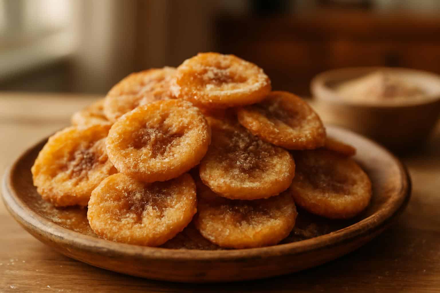 Crispy cinnamon-sugar air fryer banana chips on rustic plate, golden and sweet snack