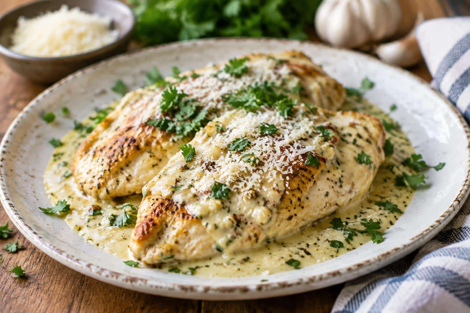 Creamy garlic parmesan chicken with parsley garnish in a creamy sauce