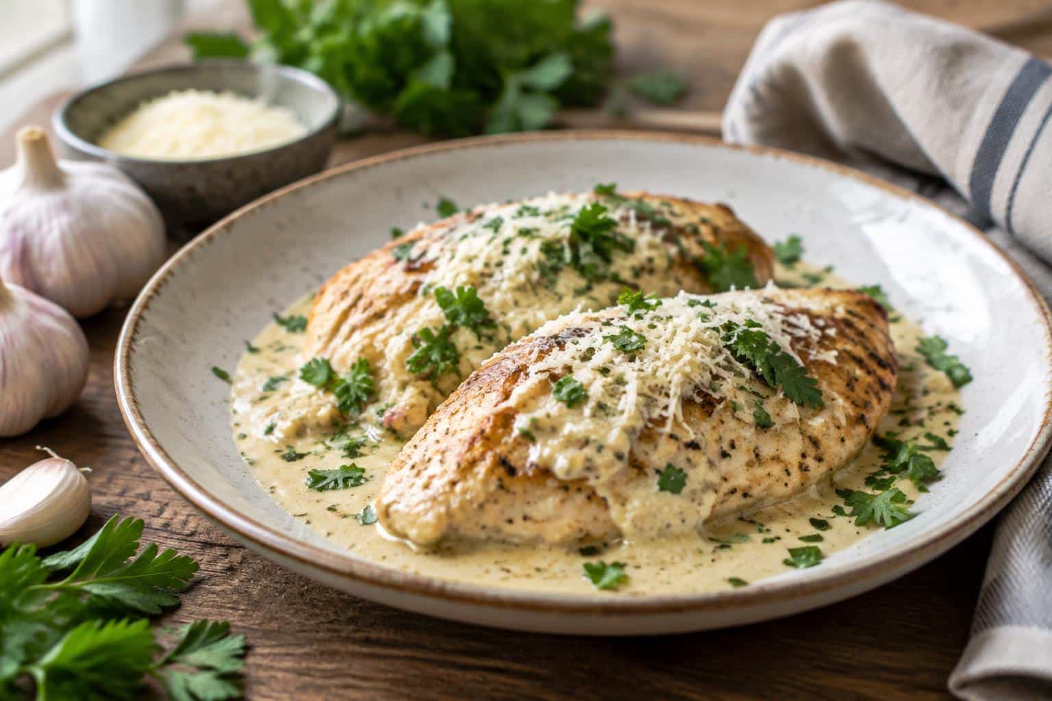 plated creamy garlic parmesan chicken garnished with parsley and parmesan cheese