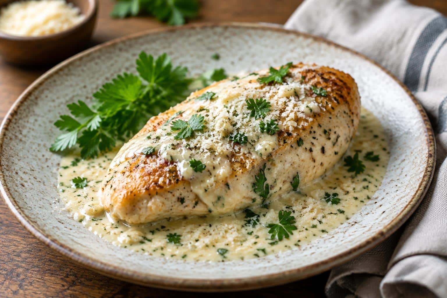 Creamy garlic parmesan chicken on rustic plate garnished with parsley and parmesan