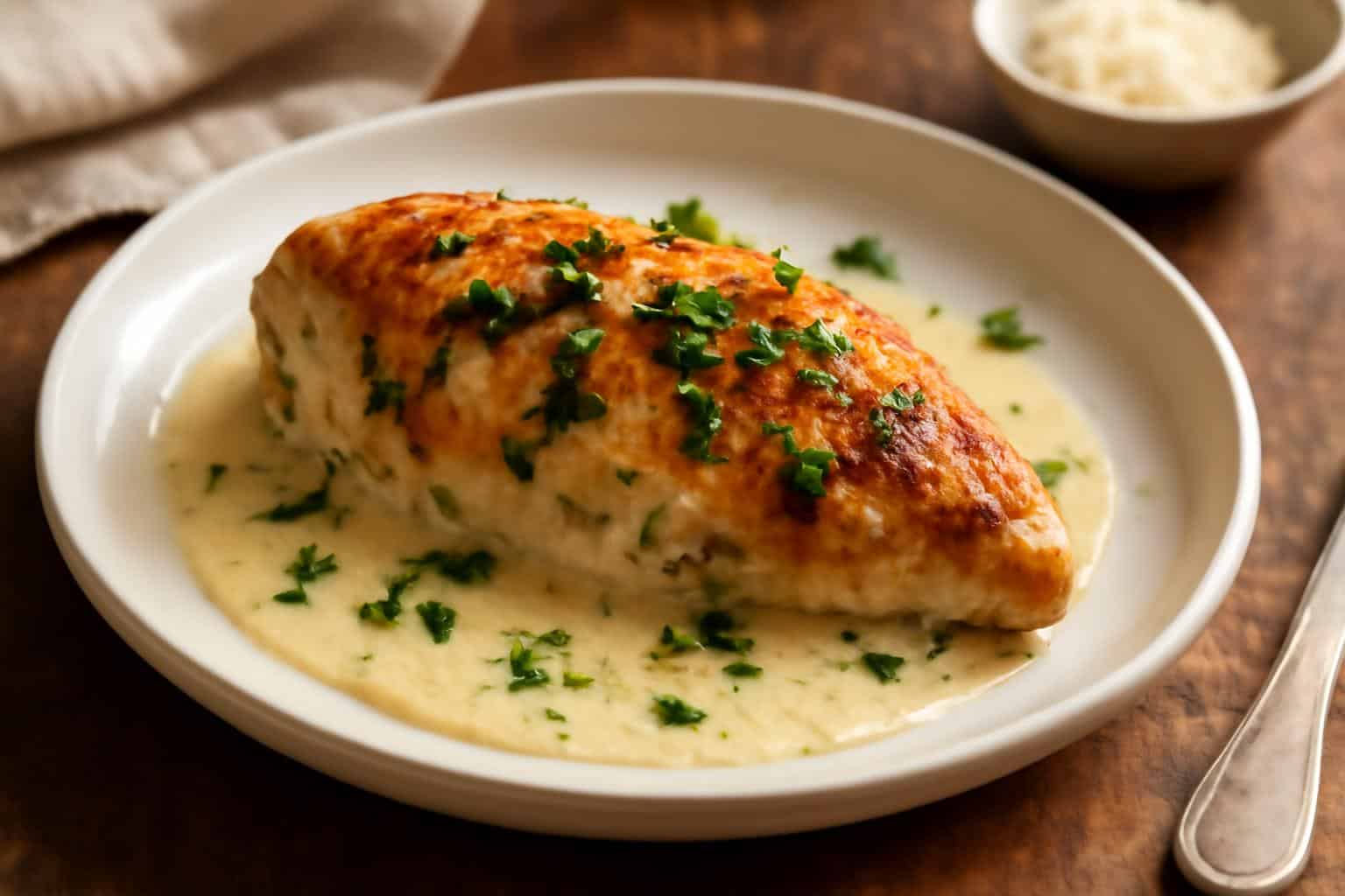 Creamy garlic parmesan chicken breast garnished with parsley on a white plate