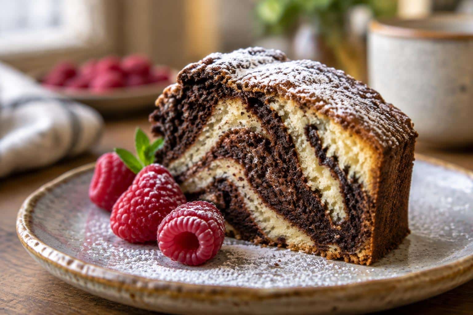 slice of decadent dessert recipes with chocolate and vanilla swirl and fresh raspberries
