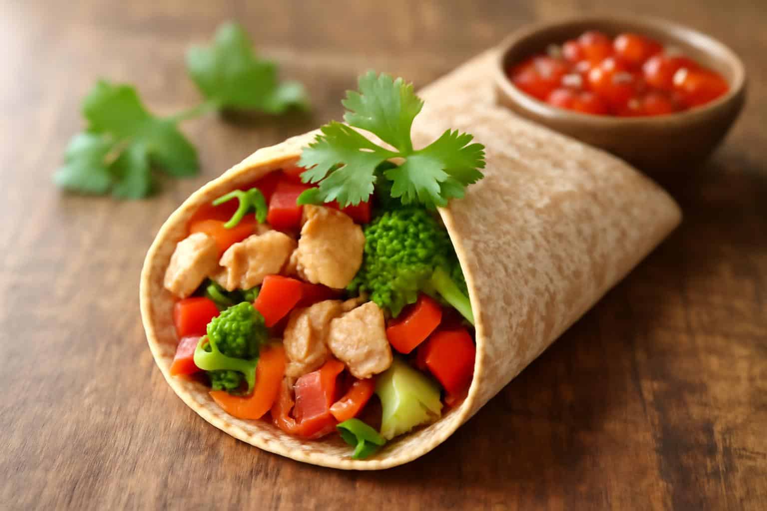 Diabetic recipes chicken and veggie wrap with fresh cilantro garnish and salsa