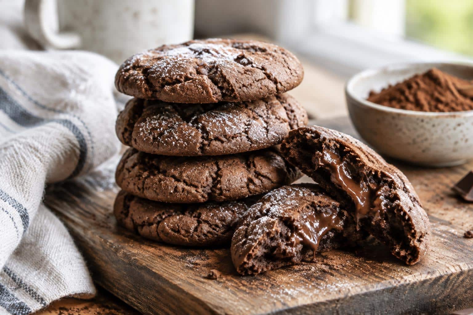 Freshly baked hot cocoa cookies with crispy edges and creamy centers on wooden board
