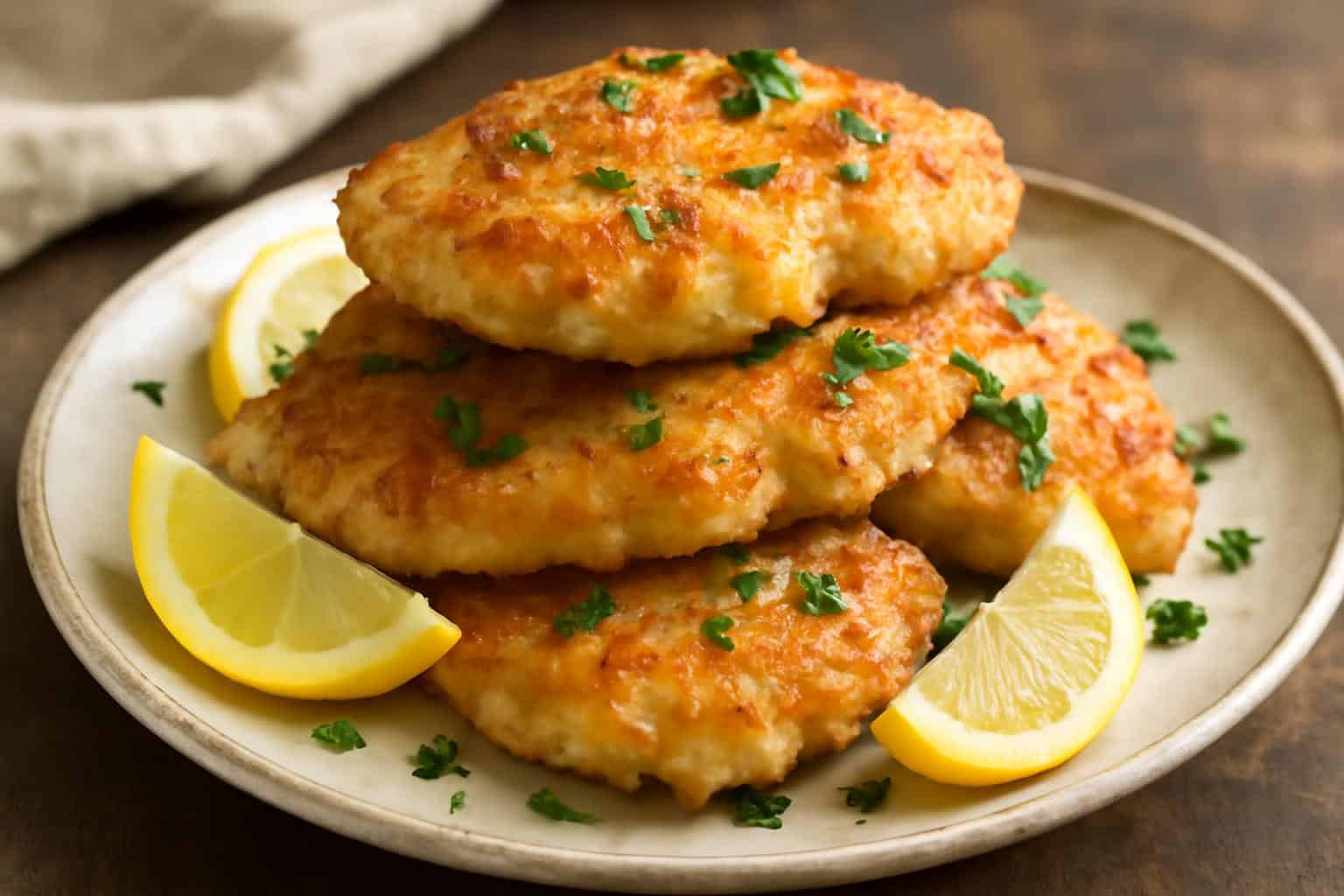 crispy lemon chicken romano on a rustic plate with lemon wedges and parsley garnish