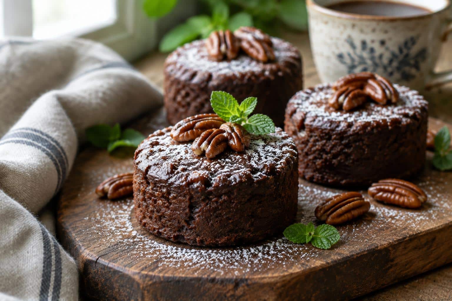 Freshly baked mini moles cakes with powdered sugar and pecan garnish in natural light