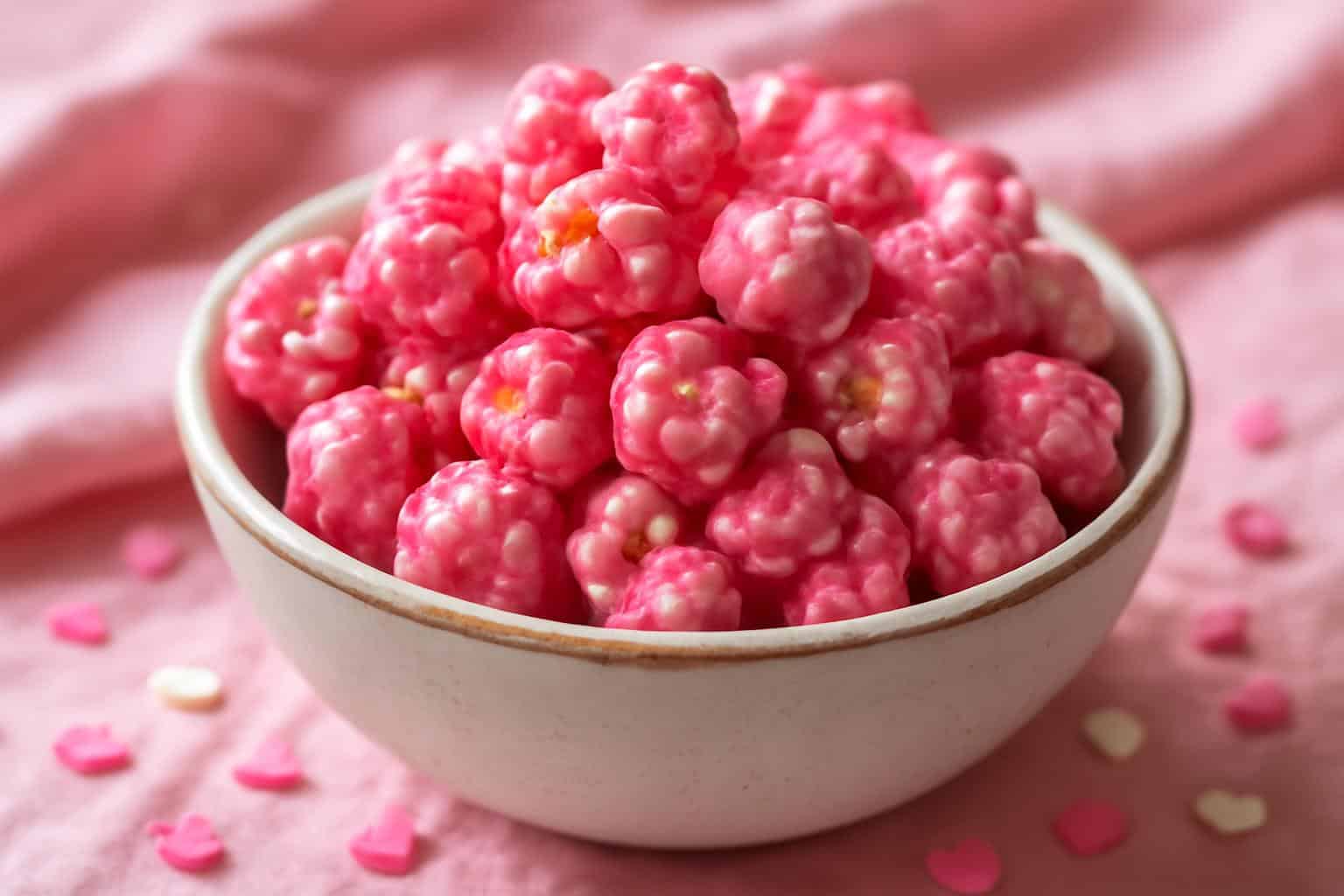 Close-up of sweet pink popcorn recipe coated in candy with sprinkles for Valentine’s Day