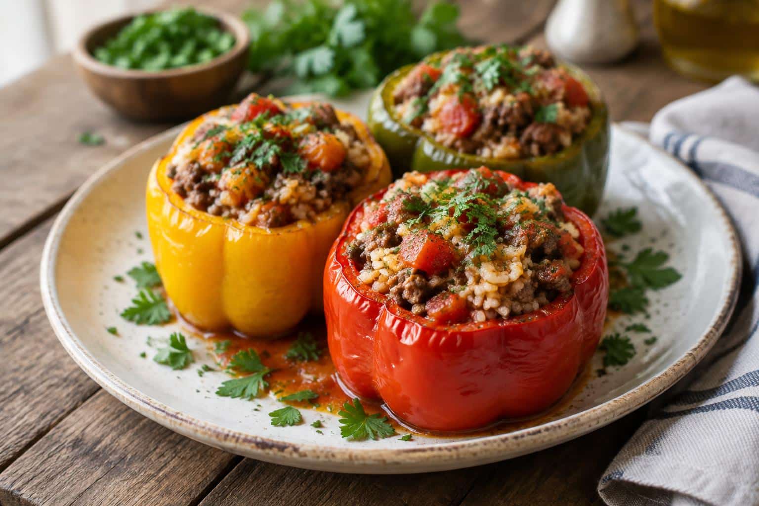 Stuffed bell peppers filled with ground beef and rice, garnished with fresh parsley, fresh and vibrant colorful dish