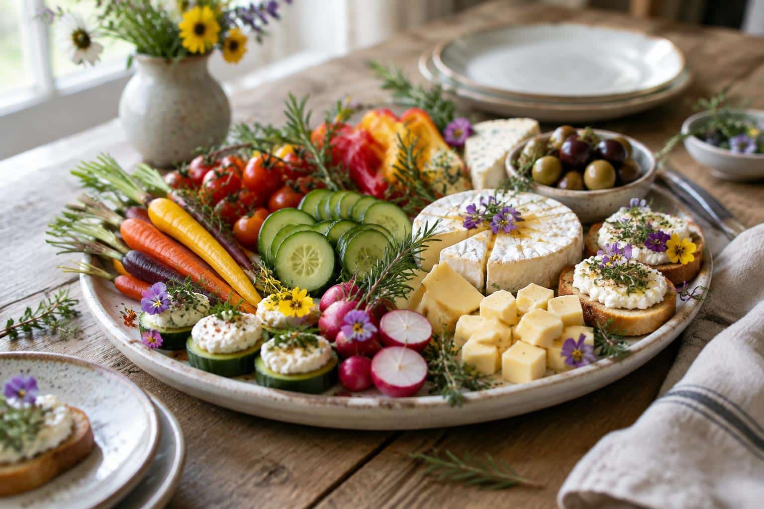 Quick easy elegance appetizer platter with fresh vegetables and artisanal cheeses in cozy living spaces