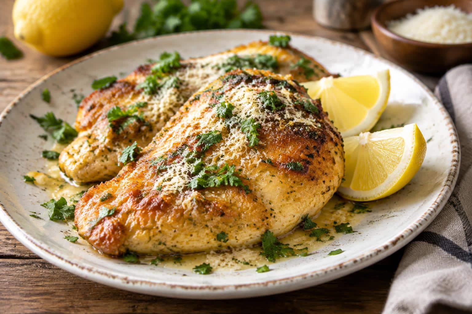 Zesty lemon chicken romano plated with lemon wedges and grated Romano cheese