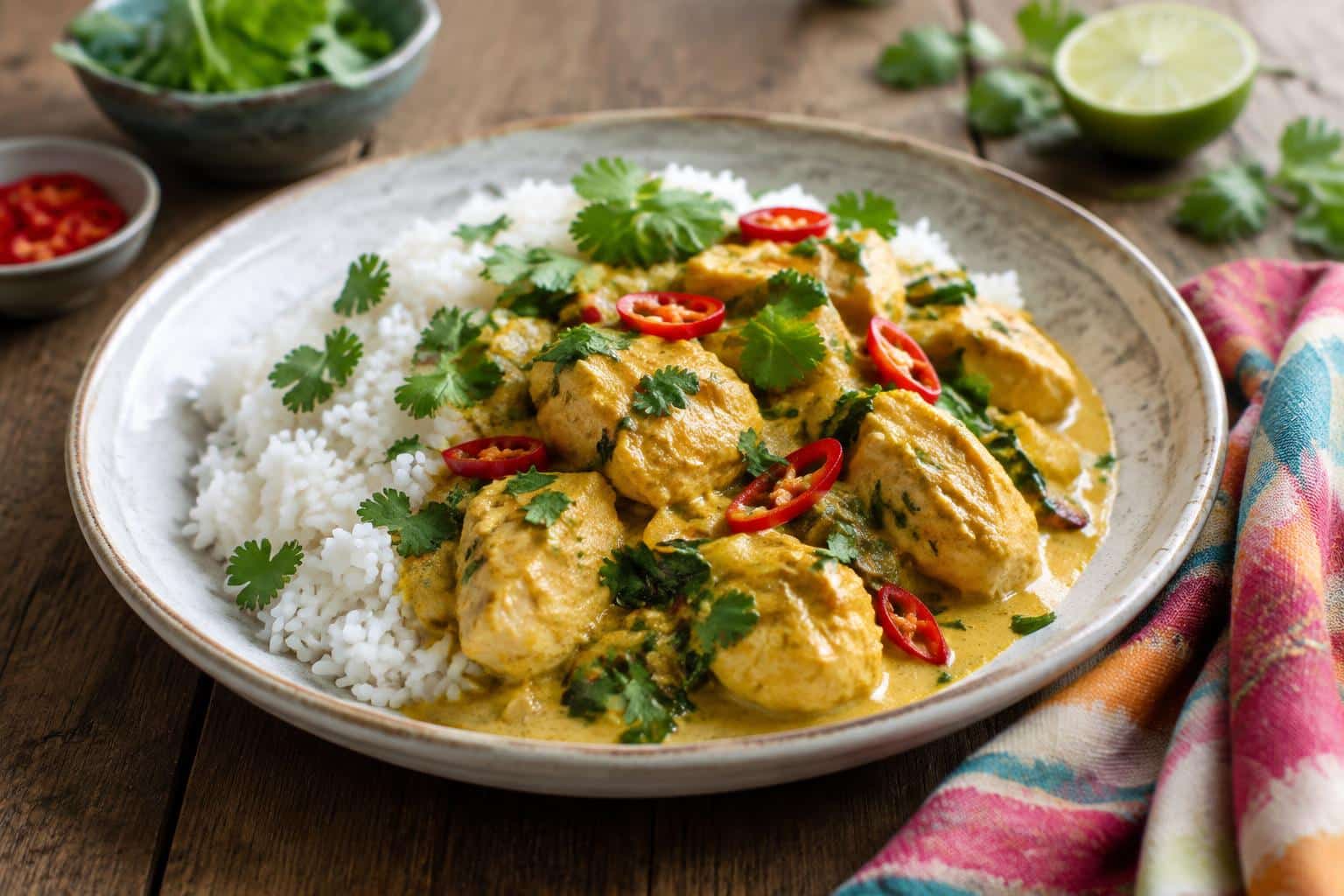 Quick coconut curry chicken served over white rice with fresh cilantro garnish