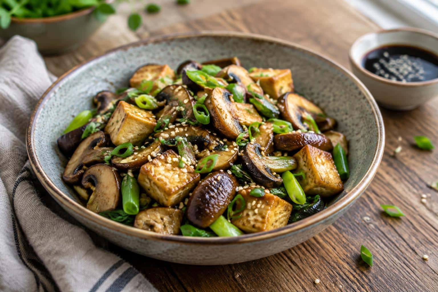 Mushroom tofu stir-fry served in a bowl garnished with green onions and sesame seeds
