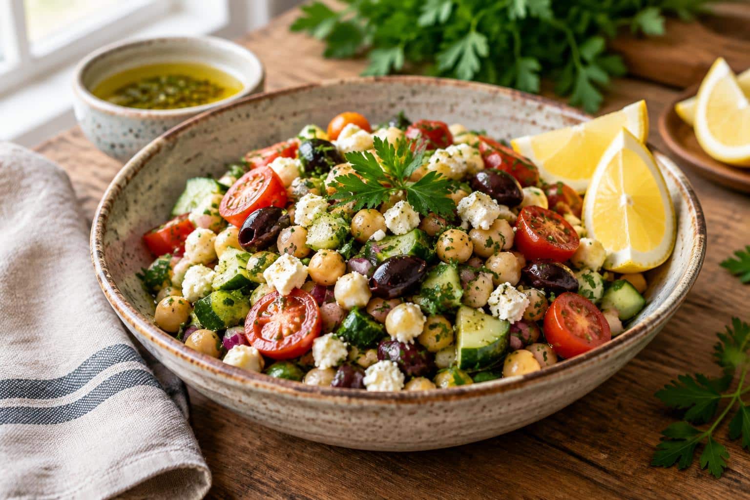 Mediterranean chickpea salad with fresh veggies and herbs, a healthy DASH diet dish