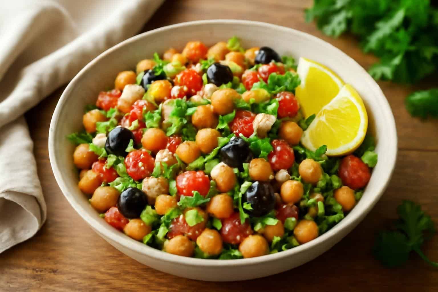 Mediterranean chickpea salad with fresh vegetables and herbs, a dash diet salad ready to serve