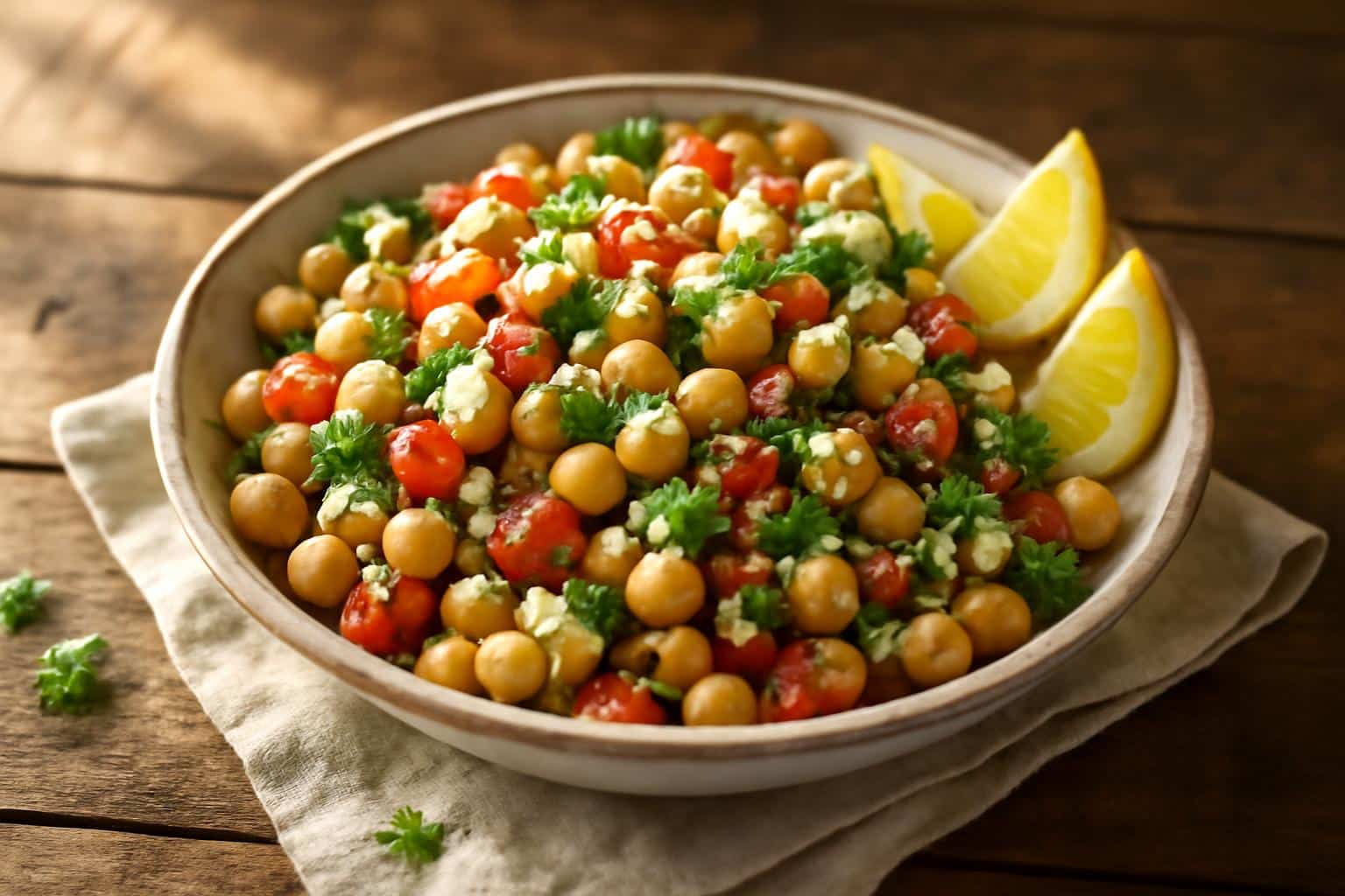 Mediterranean chickpea salad dash diet salad with fresh vegetables and herbs