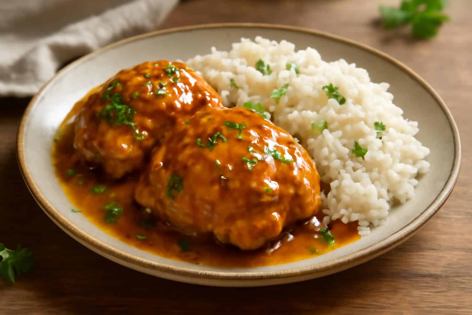 Honey mustard chicken served with fluffy rice garnished with parsley
