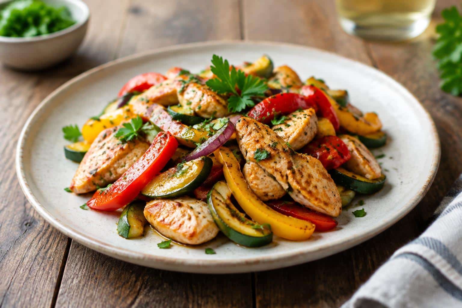 Quick tasty dinner dish of sautéed chicken and vegetables with fresh herbs garnish