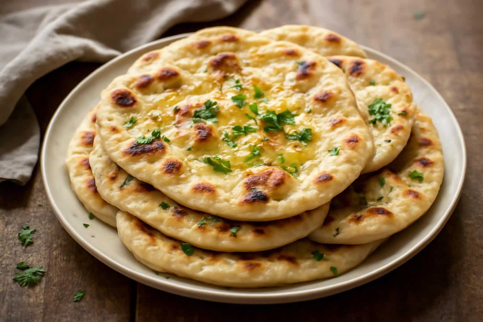 Quick tasty zero-waste sourdough naan stacked with butter and cilantro garnish on rustic surface