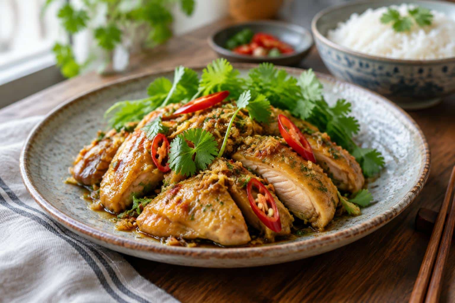 Vietnamese lemongrass chicken on rustic plate garnished with cilantro and chili