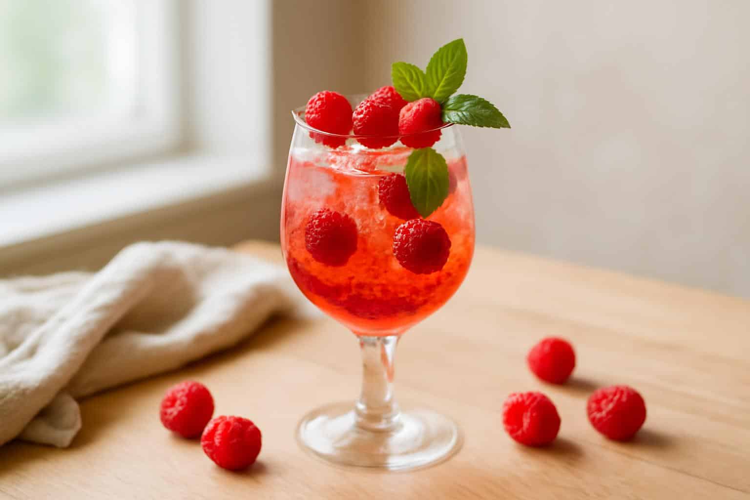 Refreshing raspberry moscato cocktail with fresh raspberries and mint garnish
