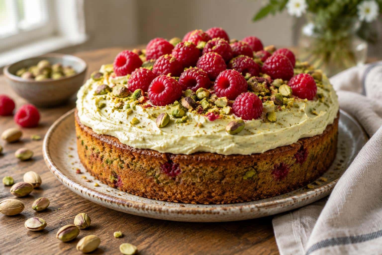 Moist raspberry pistachio cake topped with fresh raspberries and crushed pistachios