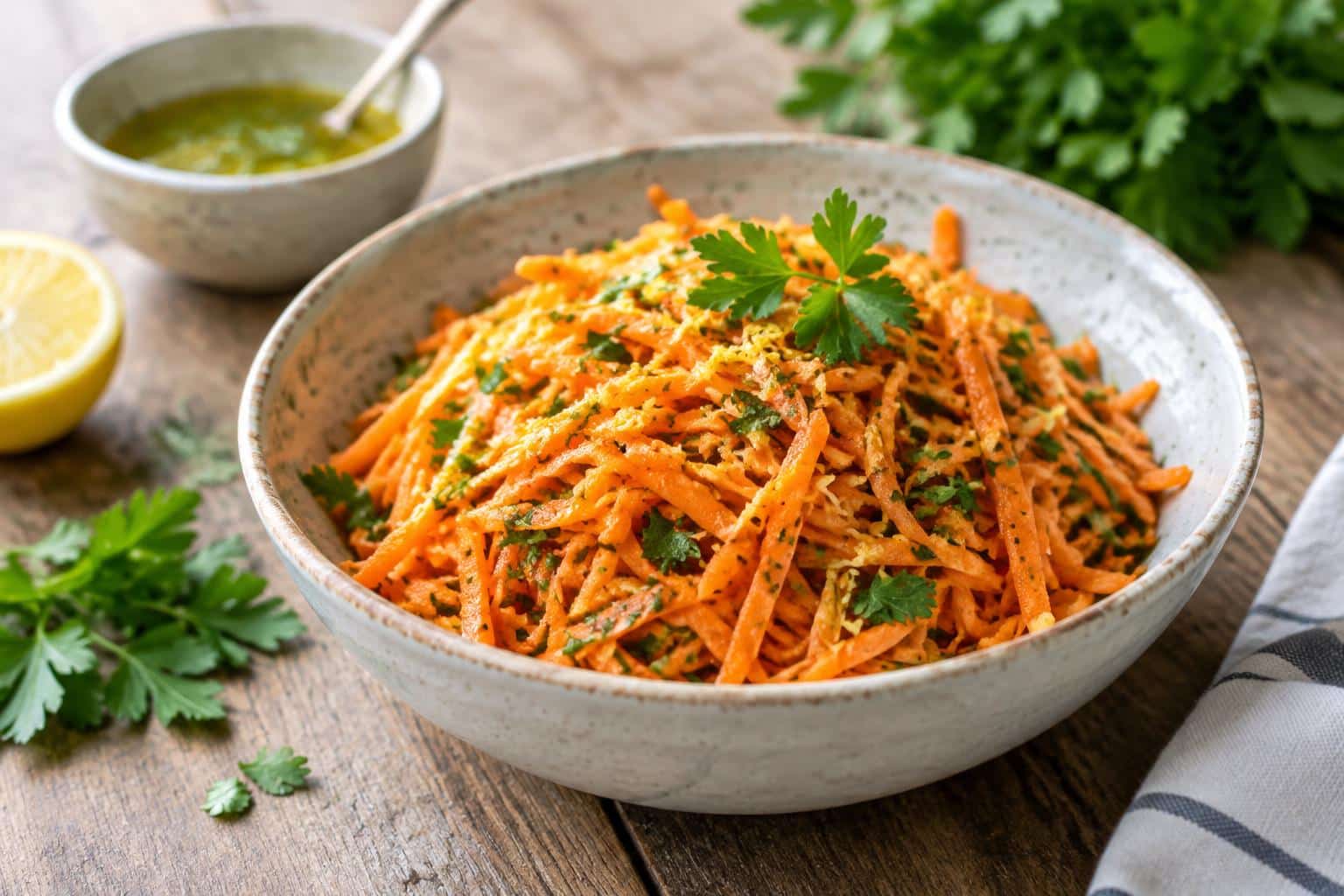 Fresh raw carrot salad with herbs and lemon dressing in a bowl, showcasing raw carrot salad