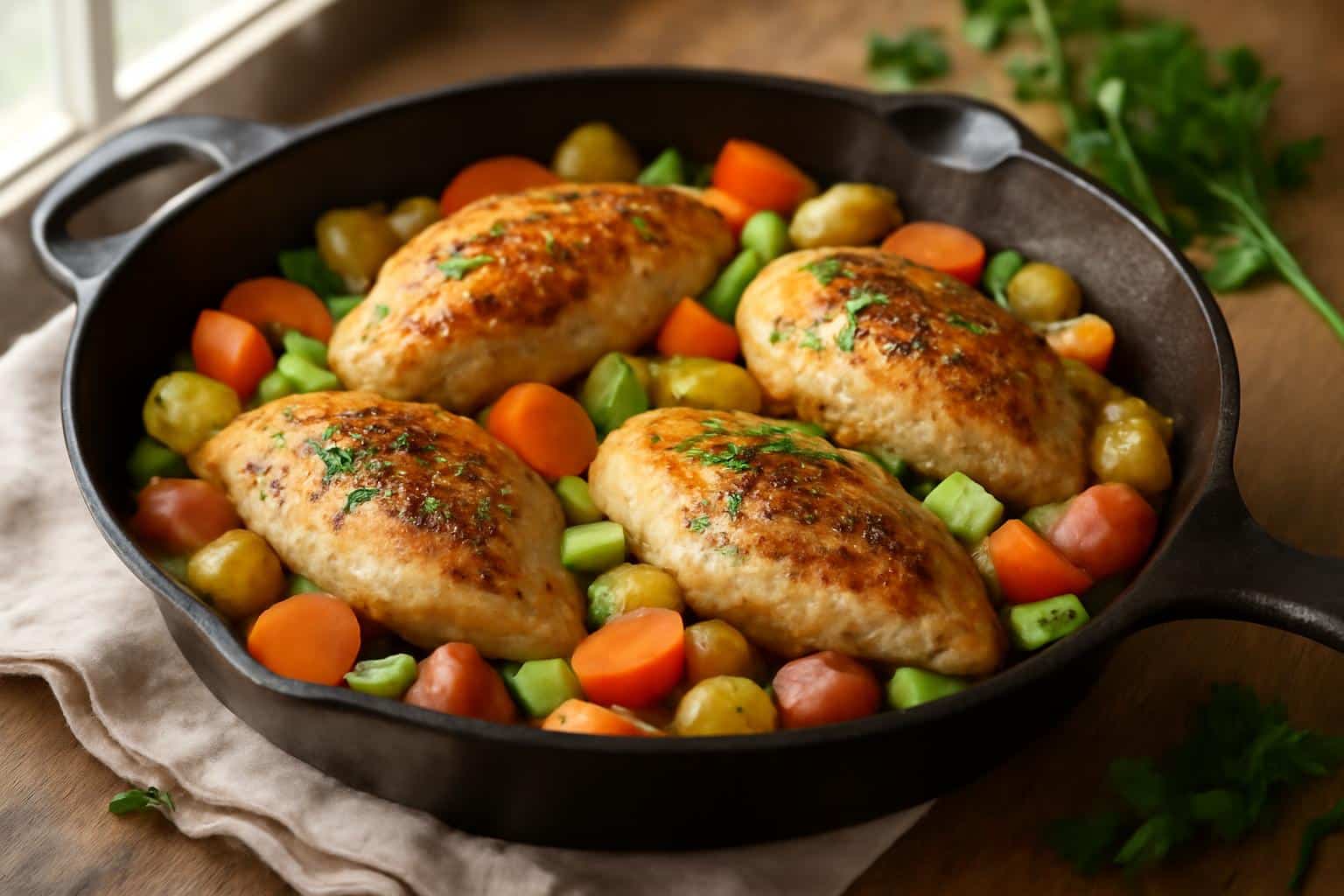 One-pot chicken and veggie dinner cooked stovetop, golden chicken with colorful vegetables and herbs