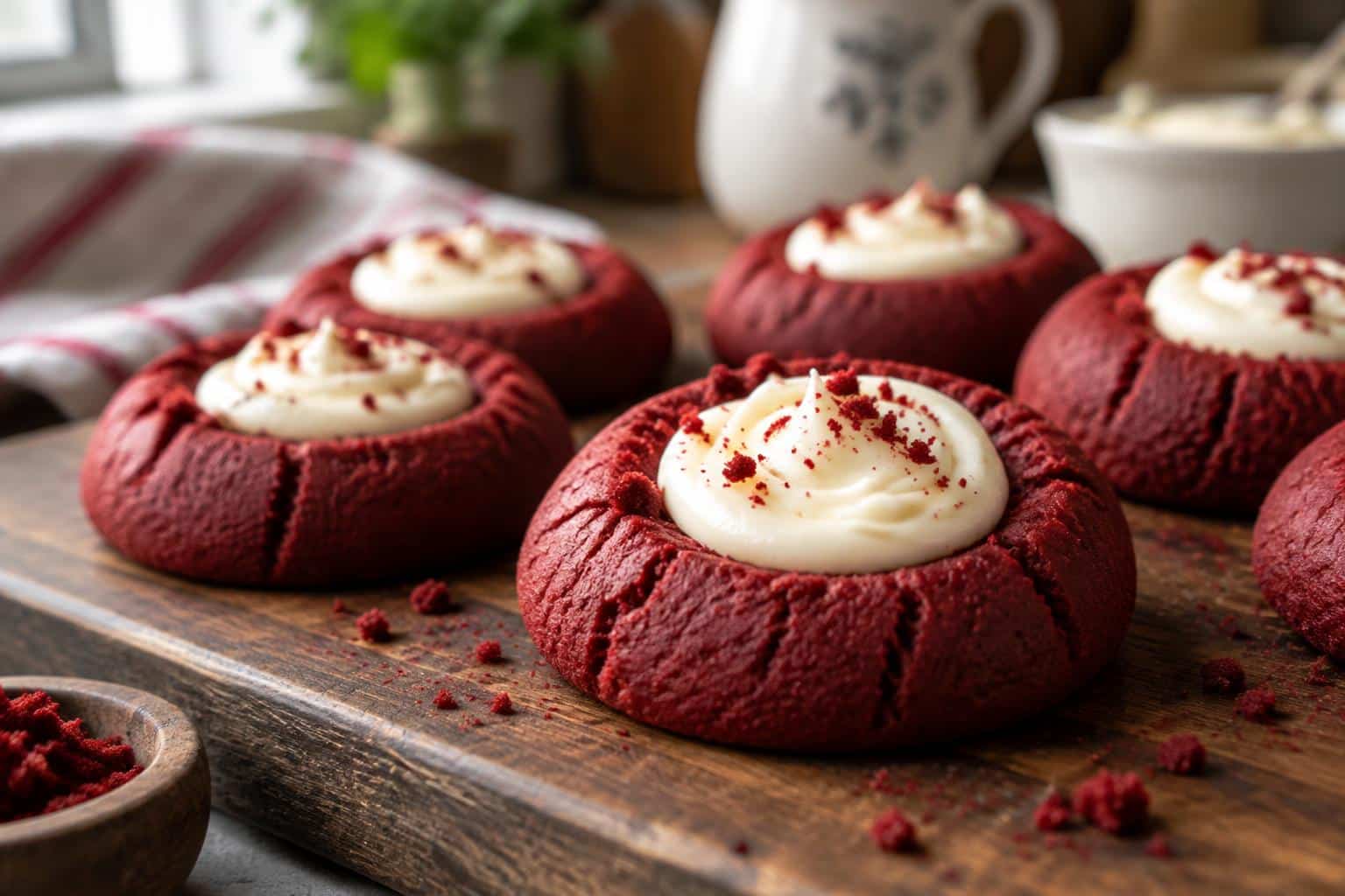 Red Velvet Thumbprint Cookies with Cream Cheese Filling 2 red velvet thumbprint cookies filled with cream cheese on wooden board