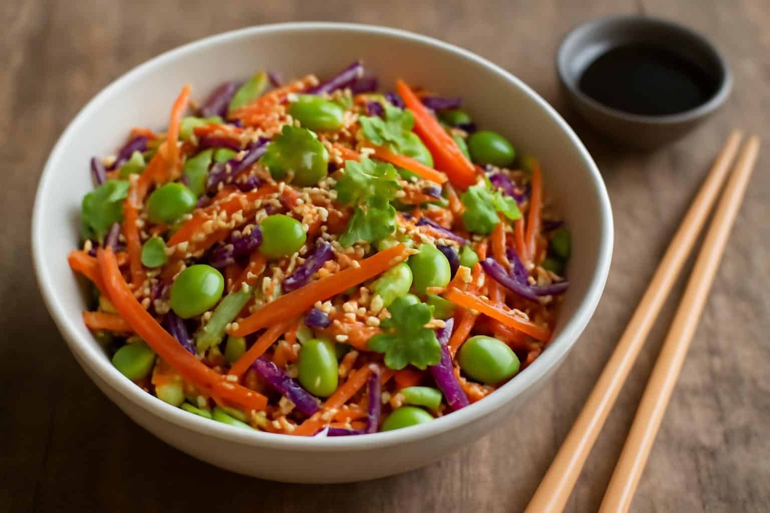 Bowl of fresh asian salad with colorful vegetables and sesame seeds on rustic table