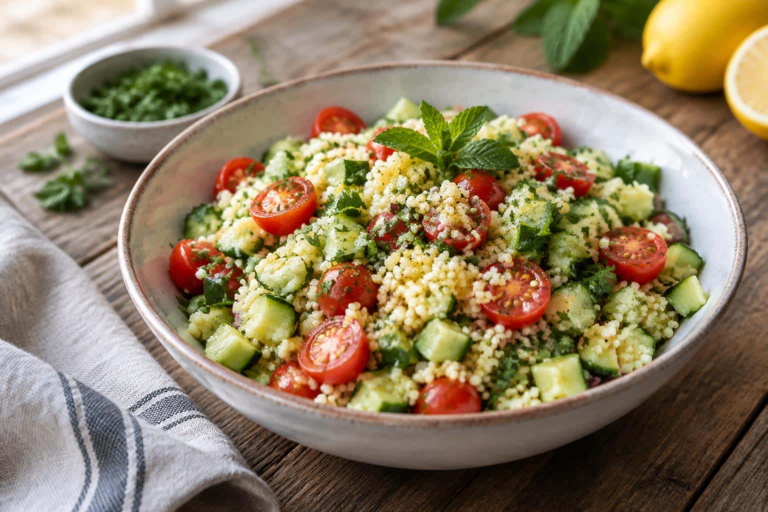 Chilled cucumber couscous salad with fresh herbs and lemon vinaigrette