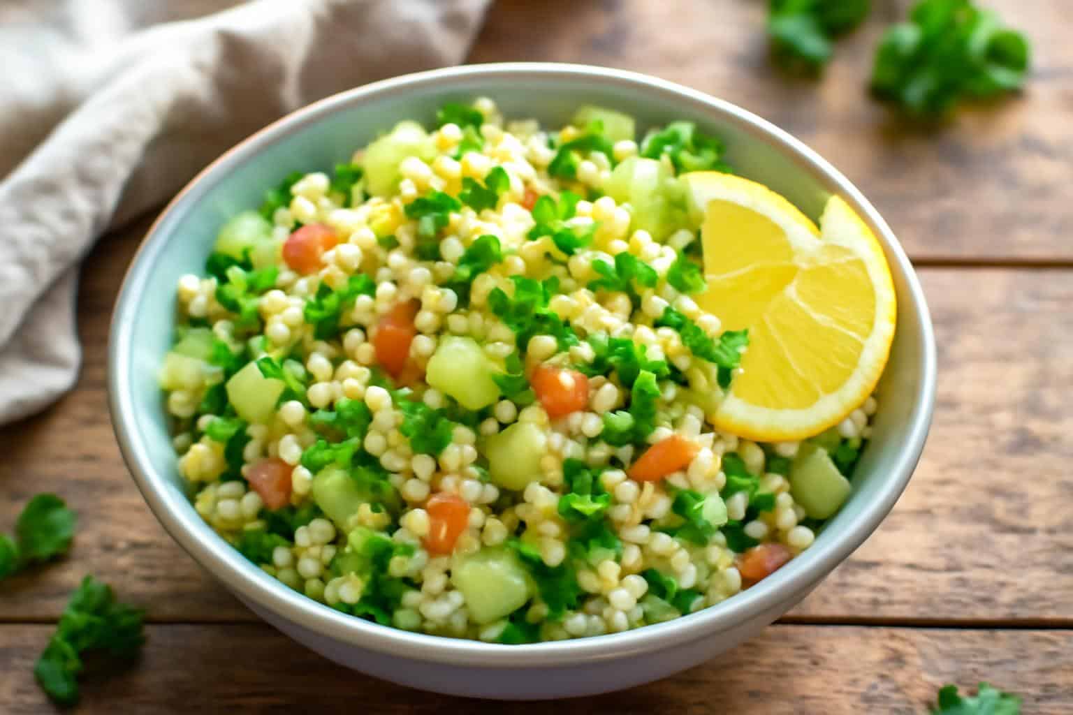 Chilled cucumber couscous salad in a bowl with fresh herbs and lemon wedges