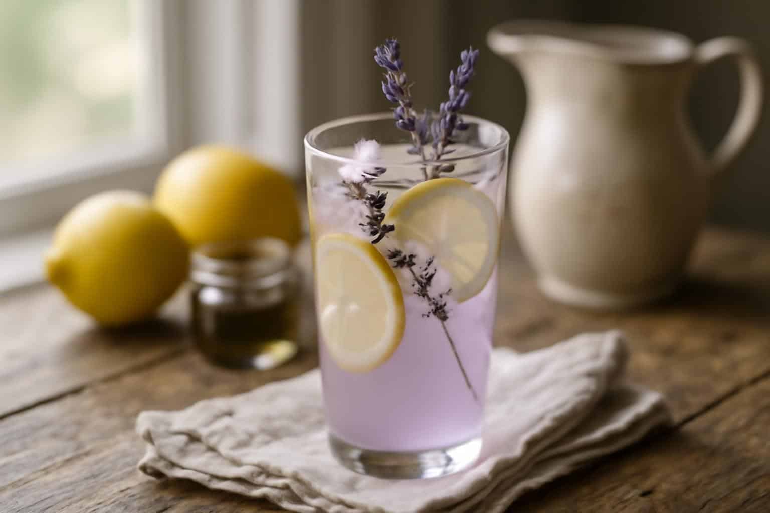Refreshing lavender lemonade in a glass with lemon slices and lavender garnish on wooden table